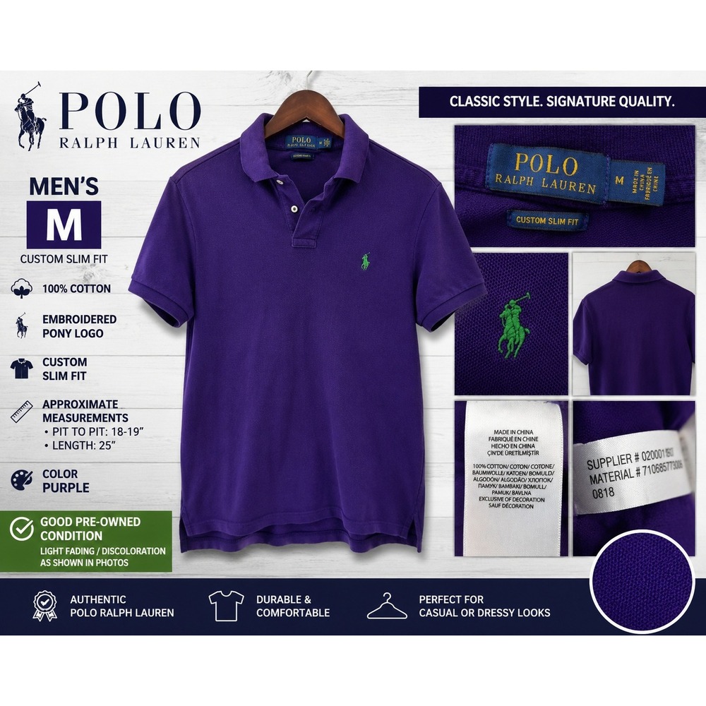 Polo Ralph Lauren Mens Custom Slim Fit Purple Cotton Pique Polo Shirt Medium